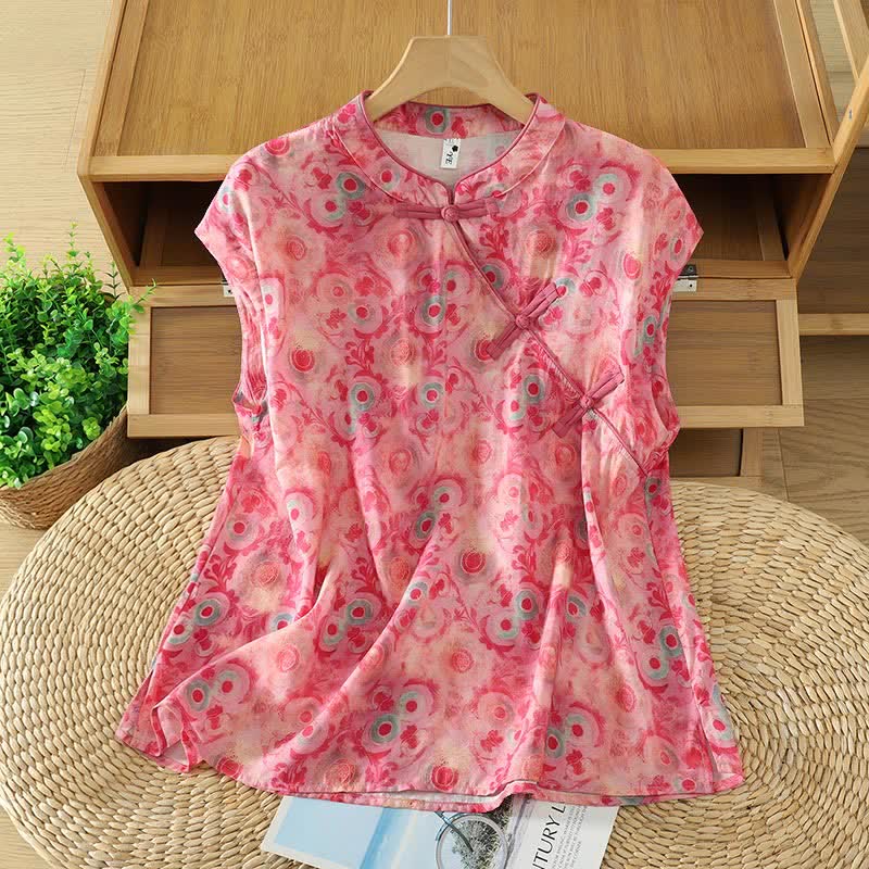 Buddha Stones Summer Elegant Mandarin Collar Side Slit Floral Print Women's Sleeveless Shirts - PaleVioletRed - US14,UK/AU18,EU46 (2XL) - image 15