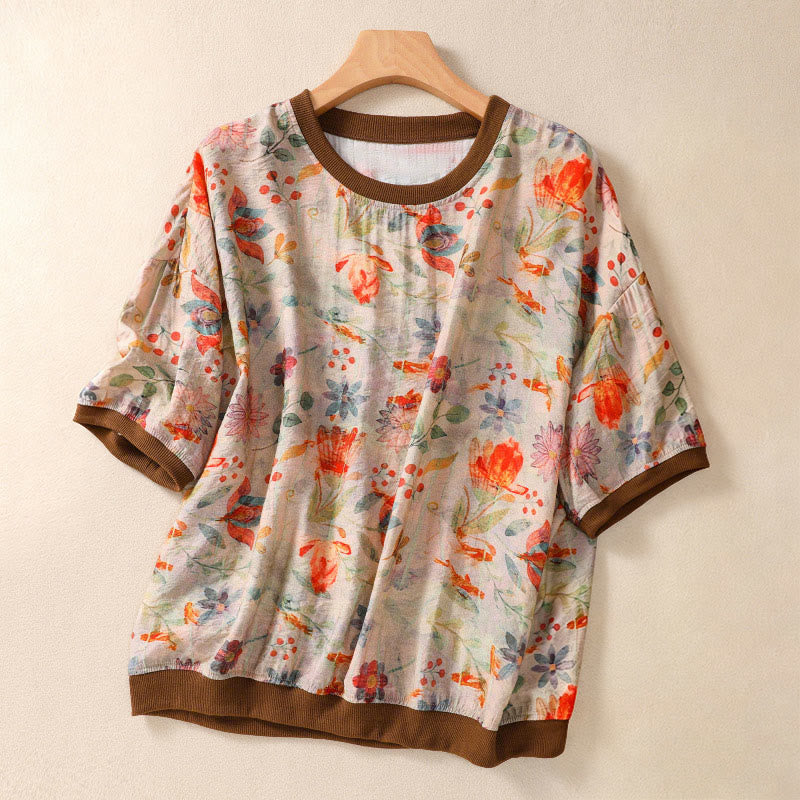 Buddha Stones Summer Vintage Crew Neck Floral Print Women's Short Sleeve T-Shirts - Wheat - US14,UK/AU18,EU46 (2XL) - image 0