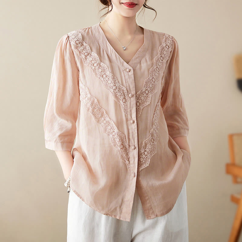 Buddha Stones Summer Solid V-Neck Lace-trimmed Women's Elbow-Length Sleeve Shirts - LightPink - US8-10,UK/AU12-14,EU40-42 (2XL) - image 21