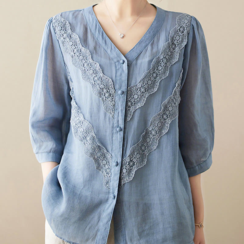 Buddha Stones Summer Solid V-Neck Lace-trimmed Women's Elbow-Length Sleeve Shirts - LightSteelBlue - US8-10,UK/AU12-14,EU40-42 (2XL) - image 11