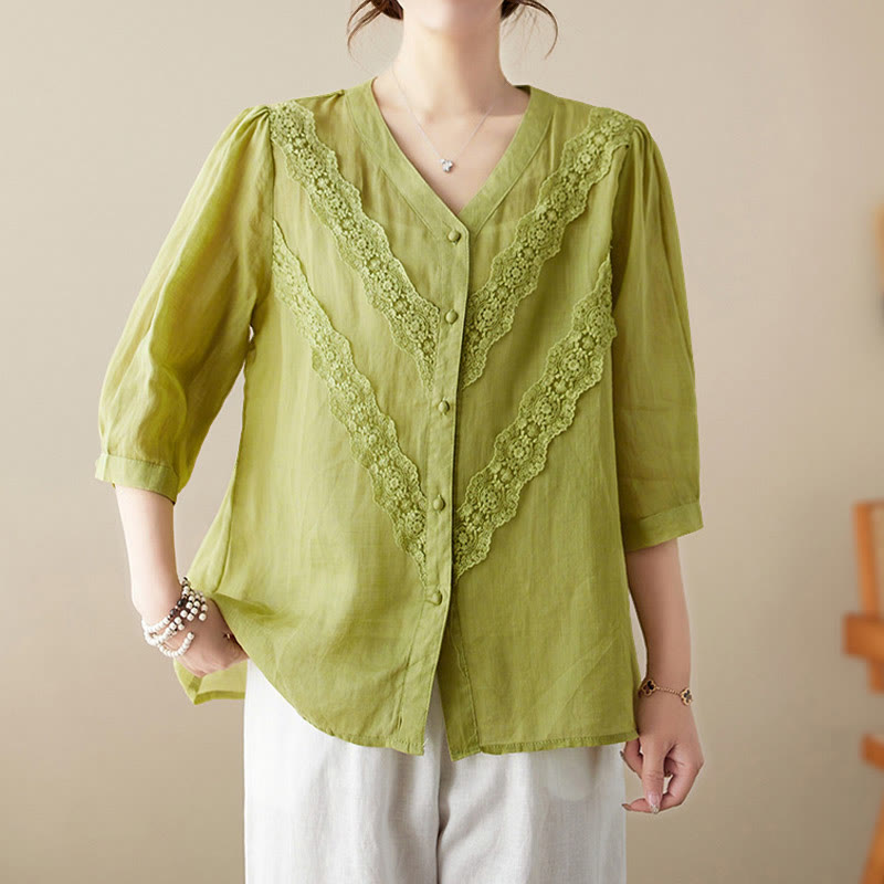 Buddha Stones Summer Solid V-Neck Lace-trimmed Women's Elbow-Length Sleeve Shirts - YellowGreen - US8-10,UK/AU12-14,EU40-42 (2XL) - image 0