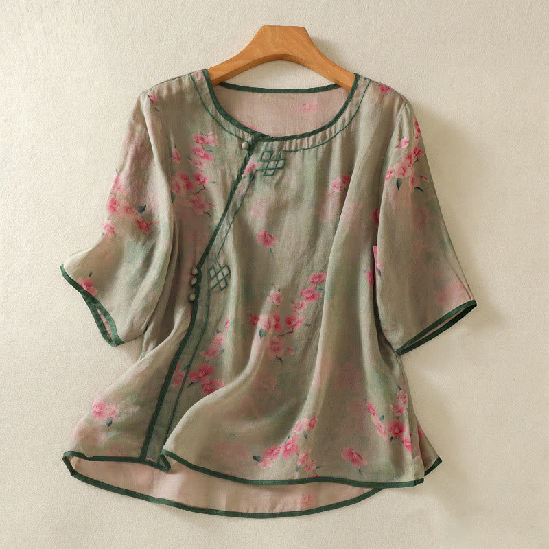 Buddha Stones Summer Frog Button Floral Crew Neck Women's Elbow-Length Sleeve Shirts - DarkSeaGreen - US8-10,UK/AU12-14,EU40-42 (2XL) - image 15