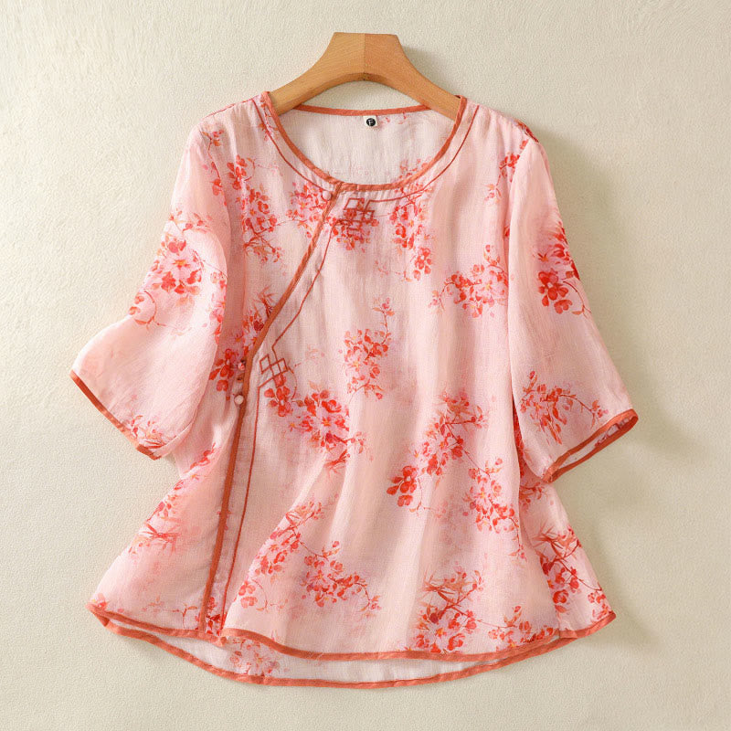 Buddha Stones Summer Frog Button Floral Crew Neck Women's Elbow-Length Sleeve Shirts - LightPink - US8-10,UK/AU12-14,EU40-42 (2XL) - image 7