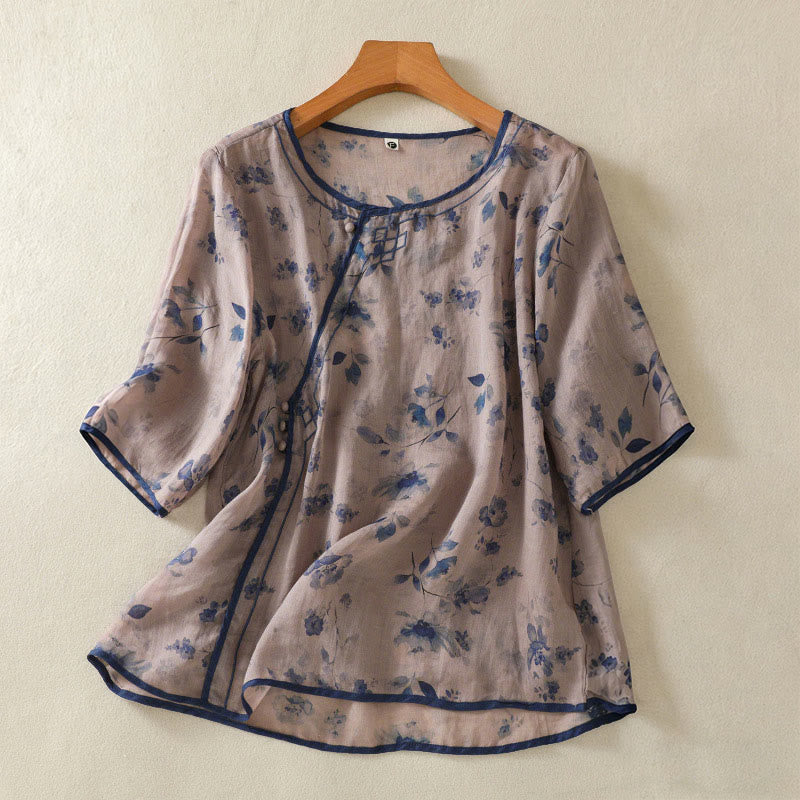 Buddha Stones Summer Frog Button Floral Crew Neck Women's Elbow-Length Sleeve Shirts - Thistle - US8-10,UK/AU12-14,EU40-42 (2XL) - image 0