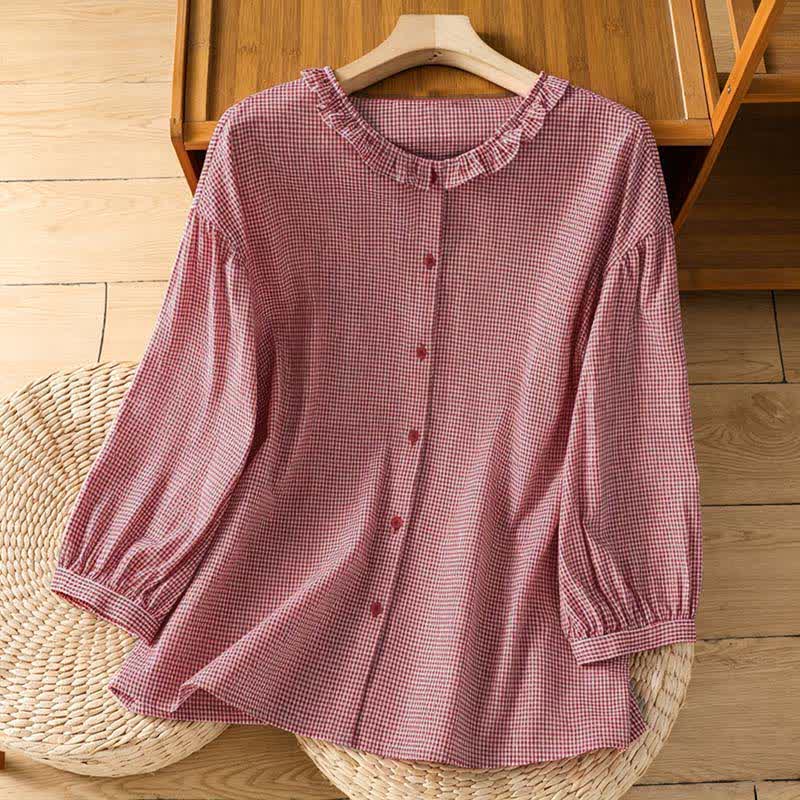 Buddha Stones Spring Button-Up Gingham Women's Long Sleeve Shirts - LightCoral - US8-10,UK/AU12-14,EU40-42 (2XL) - image 0