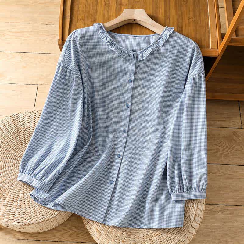 Buddha Stones Spring Button-Up Gingham Women's Long Sleeve Shirts - PowderBlue - US8-10,UK/AU12-14,EU40-42 (2XL) - image 9