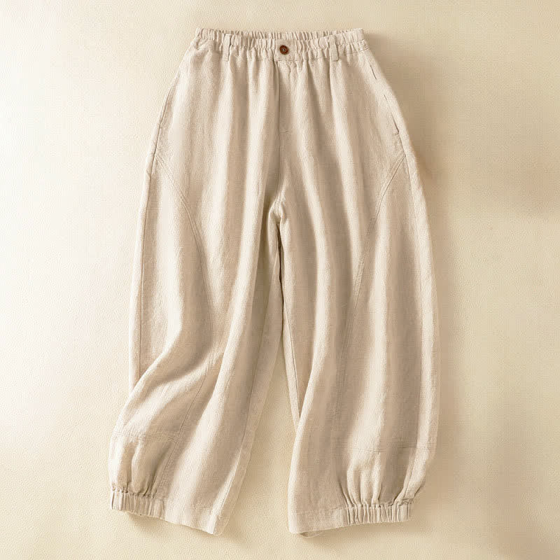 Buddha Stones Summer Casual Solid Cropped Elastic Waist Women's Harem Pants With Pockets - Linen - US8-10,UK/AU12-14,EU40-42 (2XL) - image 0