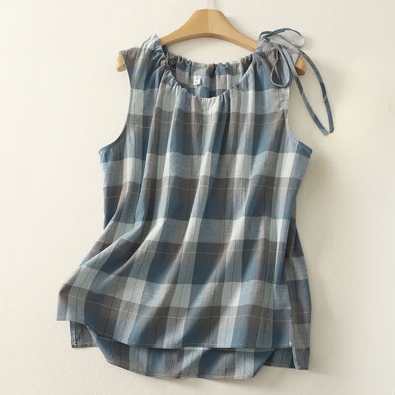 Buddha Stones Summer Casual Crew Neck Plaid Pattern Women's Sleeveless Shirts Tank Top - CadetBlue - US14,UK/AU18,EU46 (2XL) - image 13