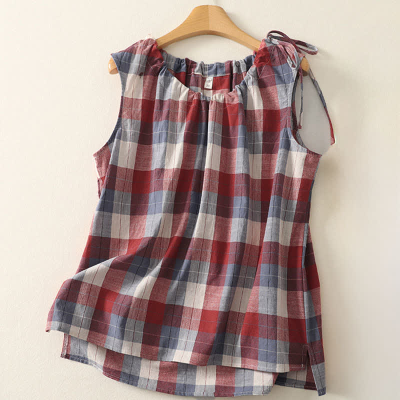 Buddha Stones Summer Casual Crew Neck Plaid Pattern Women's Sleeveless Shirts Tank Top - RosyBrown - US14,UK/AU18,EU46 (2XL) - image 4