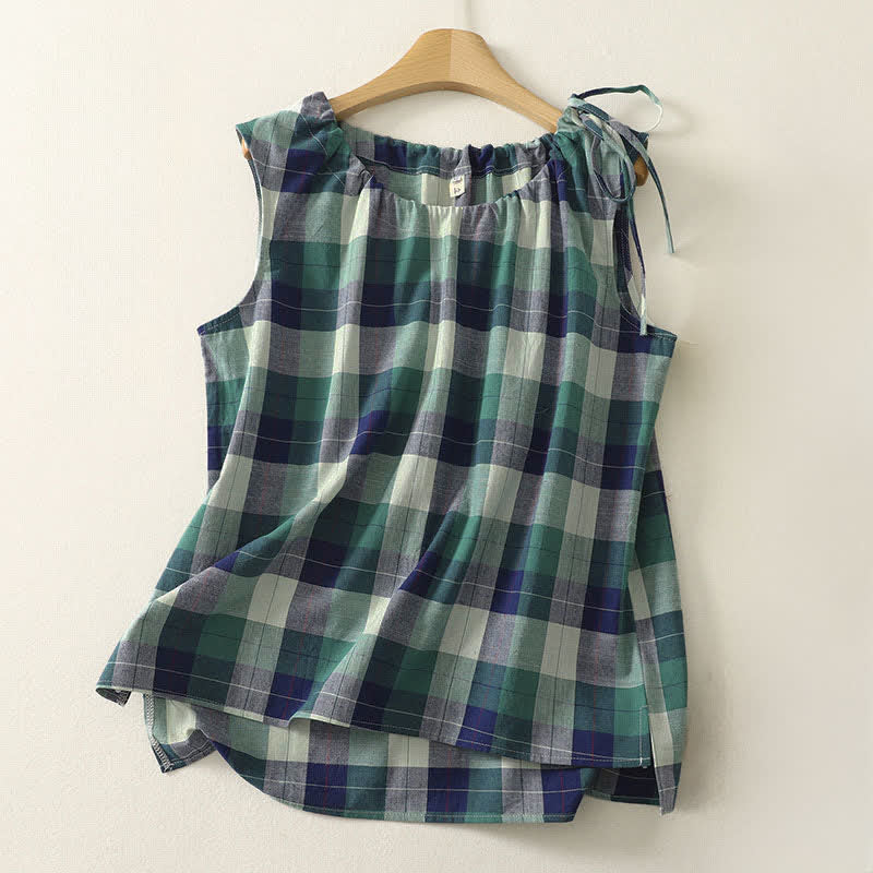 Buddha Stones Summer Casual Crew Neck Plaid Pattern Women's Sleeveless Shirts Tank Top - SeaGreen - US14,UK/AU18,EU46 (2XL) - image 0