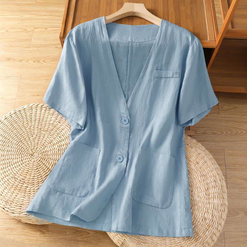 Buddha Stones Summer Casual Button-Up Solid V-Neck Women's Short Sleeve Shirts With Pockets - LightSteelBlue - US8-10,UK/AU12-14,EU40-42 (2XL) - image 9