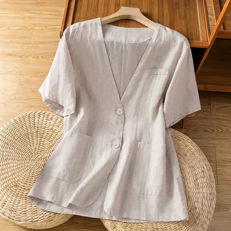 Buddha Stones Summer Casual Button-Up Solid V-Neck Women's Short Sleeve Shirts With Pockets - Beige - US8-10,UK/AU12-14,EU40-42 (2XL) - image 17