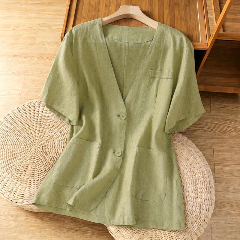 Buddha Stones Summer Casual Button-Up Solid V-Neck Women's Short Sleeve Shirts With Pockets - PaleGreen - US8-10,UK/AU12-14,EU40-42 (2XL) - image 0