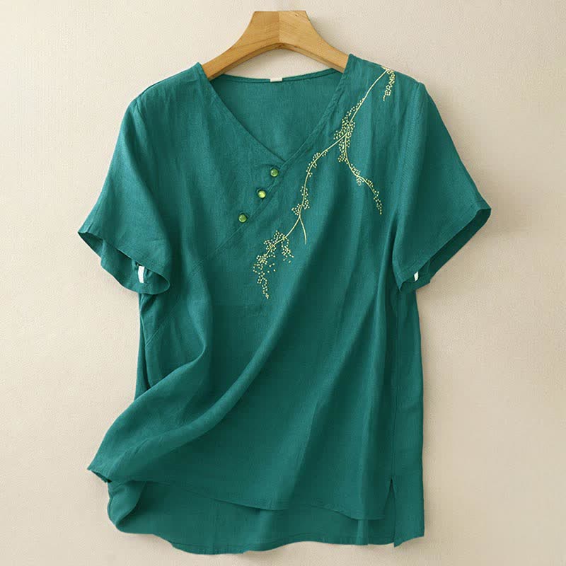 Buddha Stones Summer Vintage Solid Embroidery Decorative Buttons Women's Short Sleeve Shirts - CadetBlue - US8-10,UK/AU12-14,EU40-42 (2XL) - image 0