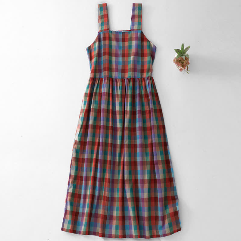 Buddha Stones Summer Casual Vintage Drawstring Rainbow Plaid Women's Summer Sleeveless Dress - Sienna - US8-10,UK/AU12-14,EU40-42 (2XL) - image 0