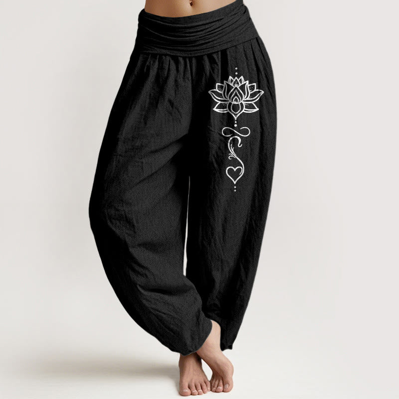 Buddha Stones Pure Cotton Lotus Heart Pattern Women's Elastic Waist Harem Pants - Black - US16,UK/AU20,EU48 (3XL) - image 0