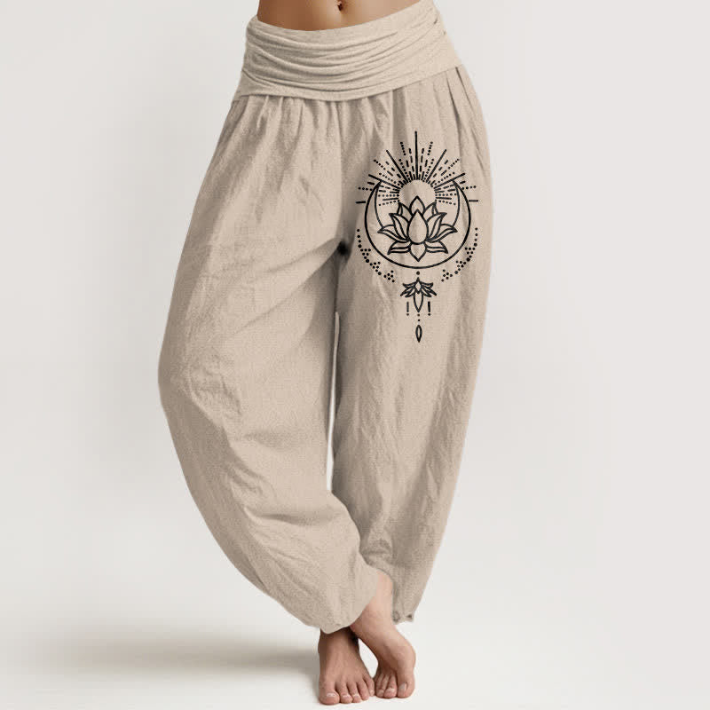 Buddha Stones Pure Cotton Lotus Pattern Women's Elastic Waist Harem Pants - Tan - US16,UK/AU20,EU48 (3XL) - image 0