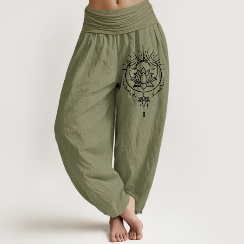 Buddha Stones Pure Cotton Lotus Pattern Women's Elastic Waist Harem Pants - OliveDrab - US16,UK/AU20,EU48 (3XL) - image 14