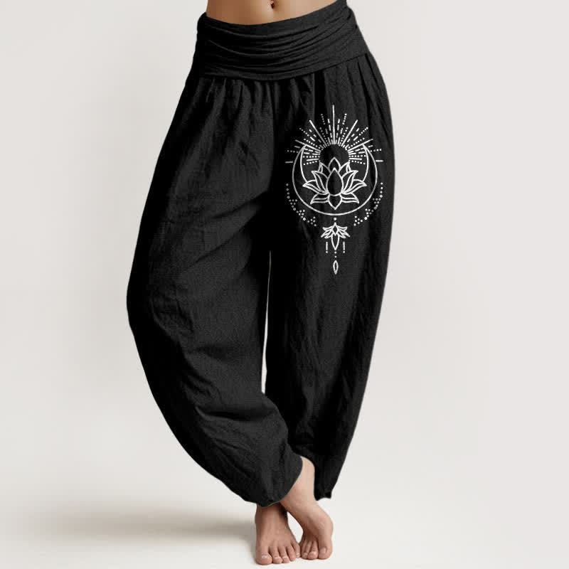Buddha Stones Pure Cotton Lotus Pattern Women's Elastic Waist Harem Pants - Black - US16,UK/AU20,EU48 (3XL) - image 5