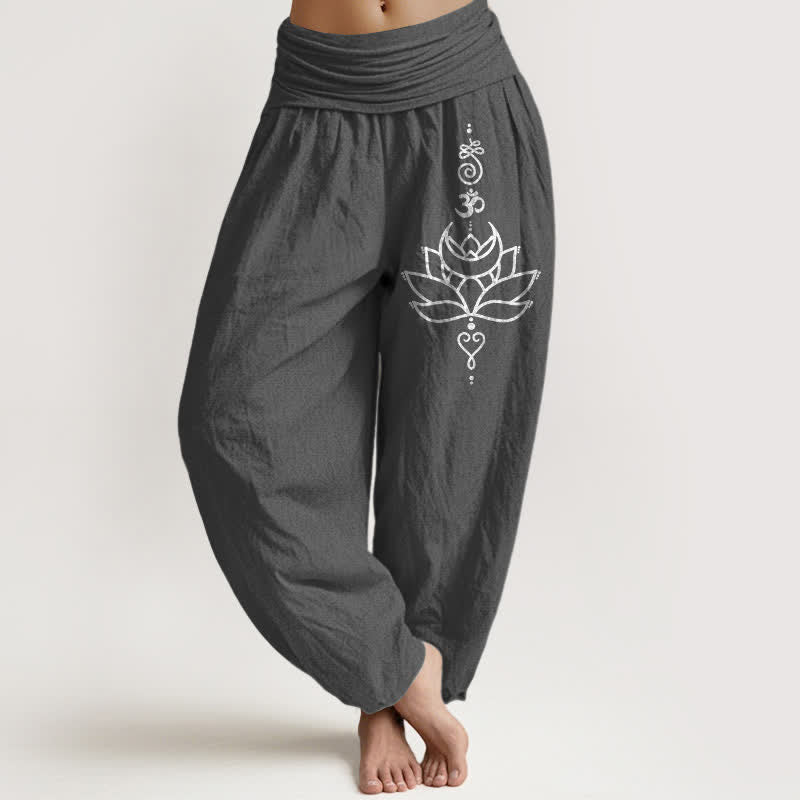 Buddha Stones Pure Cotton Lotus Bloom Pattern Women's Elastic Waist Harem Pants - DimGray - US16,UK/AU20,EU48 (3XL) - image 8
