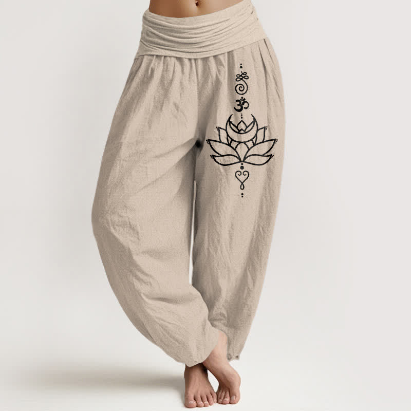 Buddha Stones Pure Cotton Lotus Bloom Pattern Women's Elastic Waist Harem Pants - Tan - US16,UK/AU20,EU48 (3XL) - image 11