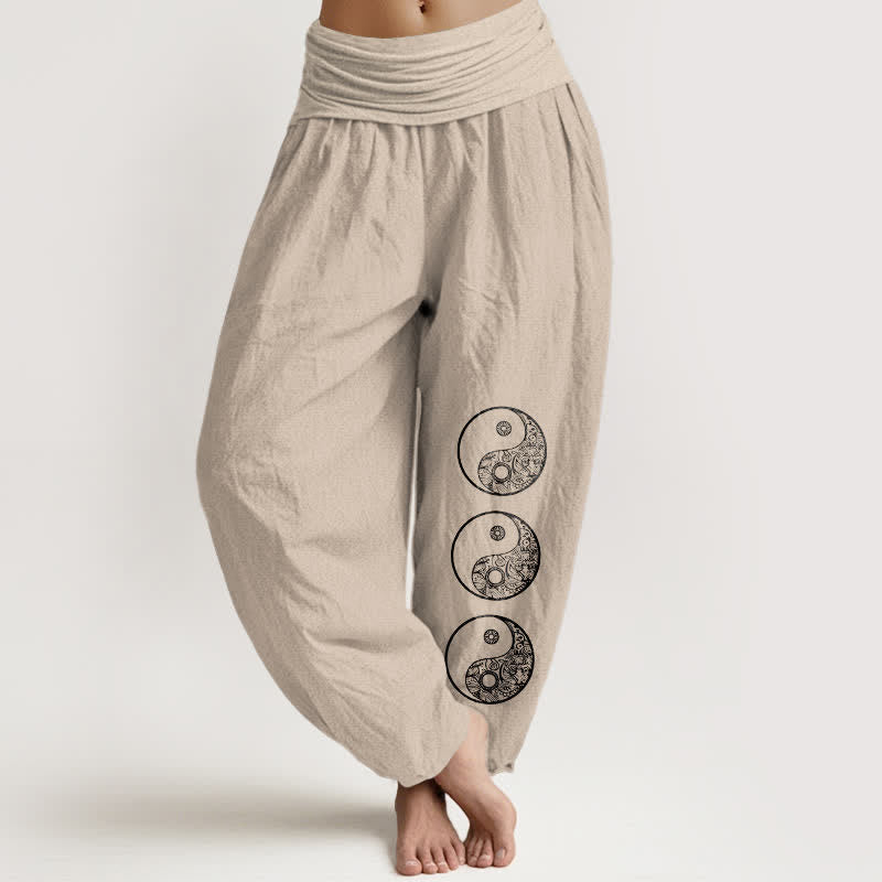 Buddha Stones Pure Cotton Yin Yang Pattern Women's Elastic Waist Harem Pants - Tan - US16,UK/AU20,EU48 (3XL) - image 11