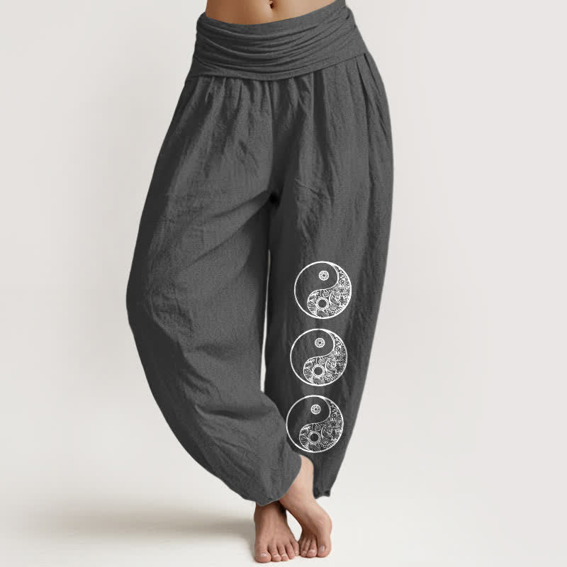 Buddha Stones Pure Cotton Yin Yang Pattern Women's Elastic Waist Harem Pants - DimGray - US16,UK/AU20,EU48 (3XL) - image 8