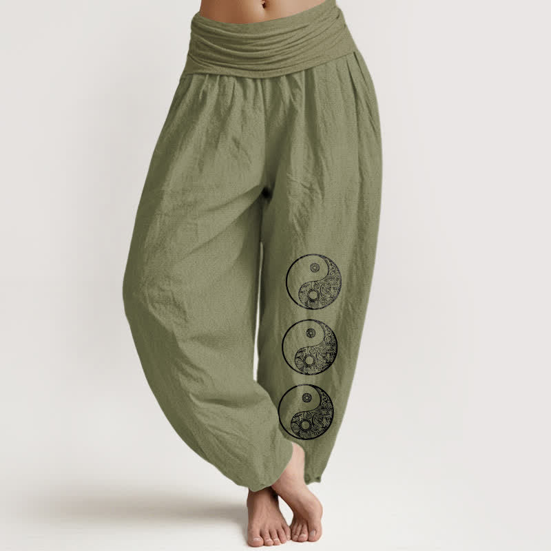 Buddha Stones Pure Cotton Yin Yang Pattern Women's Elastic Waist Harem Pants - OliveDrab - US16,UK/AU20,EU48 (3XL) - image 14