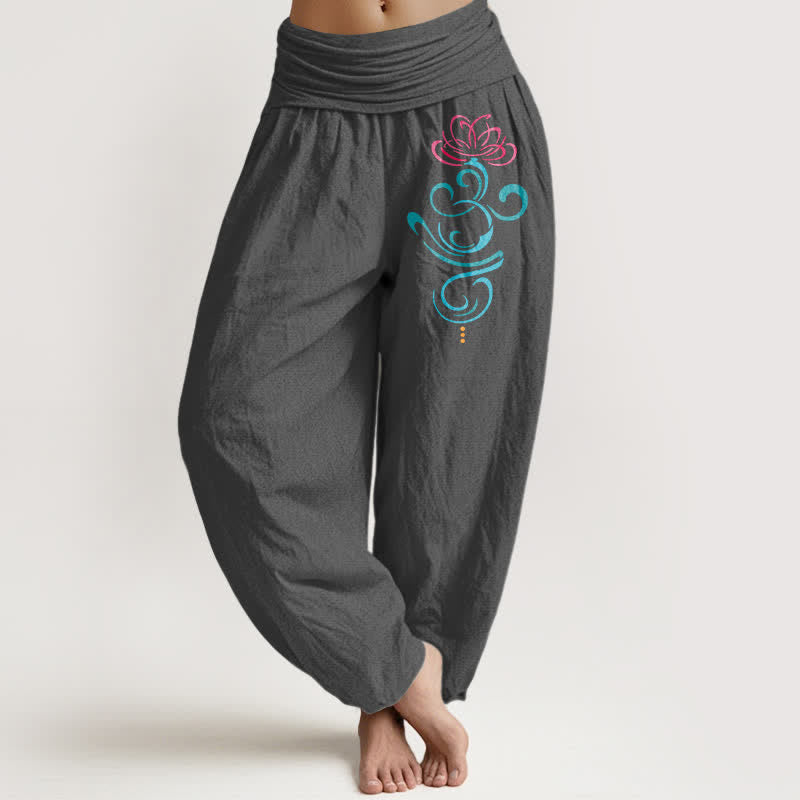 Buddha Stones Pure Cotton Deep Pink Lotus Blue Swirl Pattern Women's Elastic Waist Harem Pants - DimGray - US16,UK/AU20,EU48 (3XL) - image 8