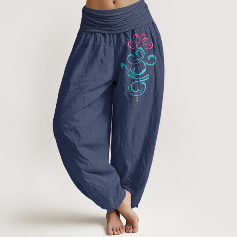 Buddha Stones Pure Cotton Deep Pink Lotus Blue Swirl Pattern Women's Elastic Waist Harem Pants - DarkSlateBlue - US16,UK/AU20,EU48 (3XL) - image 5