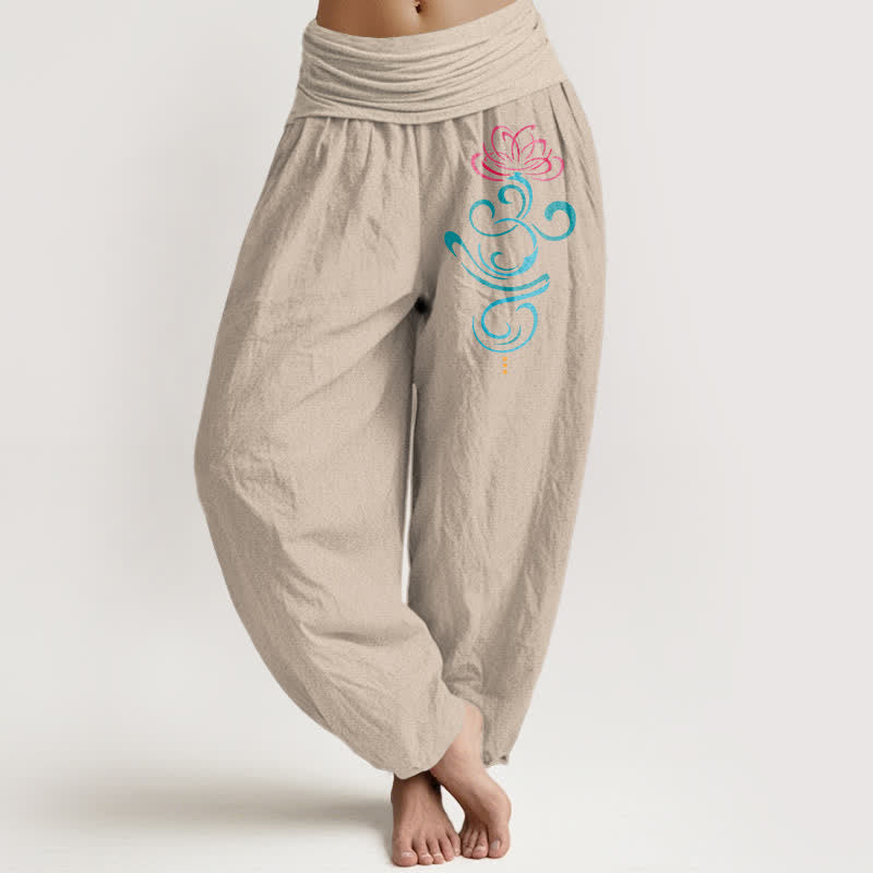 Buddha Stones Pure Cotton Deep Pink Lotus Blue Swirl Pattern Women's Elastic Waist Harem Pants - Tan - US16,UK/AU20,EU48 (3XL) - image 11