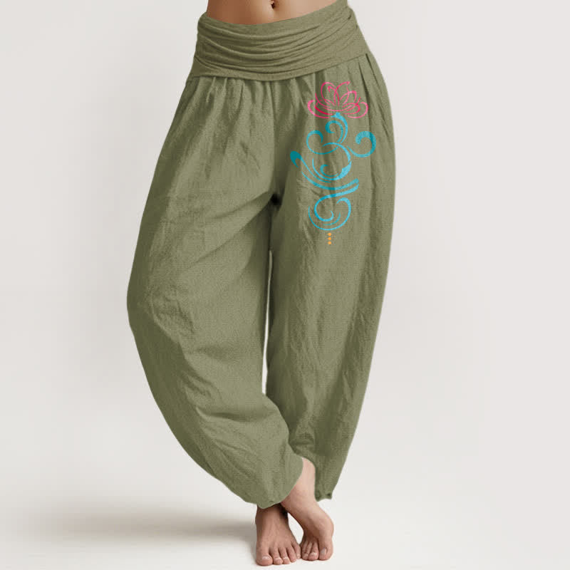 Buddha Stones Pure Cotton Deep Pink Lotus Blue Swirl Pattern Women's Elastic Waist Harem Pants - OliveDrab - US16,UK/AU20,EU48 (3XL) - image 14