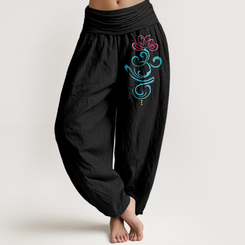 Buddha Stones Pure Cotton Deep Pink Lotus Blue Swirl Pattern Women's Elastic Waist Harem Pants - Black - US16,UK/AU20,EU48 (3XL) - image 0