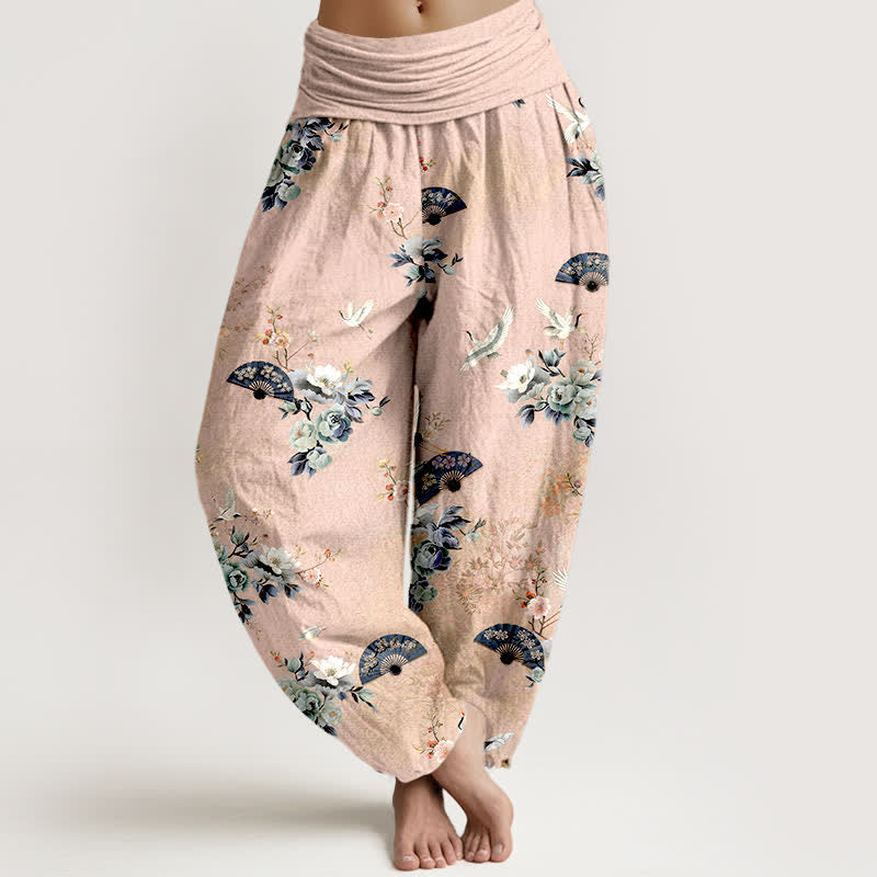 Buddha Stones Cotton Crane Fan Floral Pattern Women's Elastic Waist Harem Pants - MistyRose - US16,UK/AU20,EU48 (3XL) - image 0