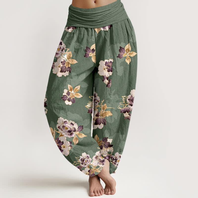 Buddha Stones Pure Cotton Vintage Floral Pattern Women's Elastic Waist Harem Pants - OliveDrab - US16,UK/AU20,EU48 (3XL) - image 0