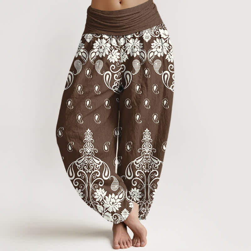 Buddha Stones Pure Cotton White Paisley Floral Pattern Women's Elastic Waist Harem Pants - SaddleBrown - US16,UK/AU20,EU48 (3XL) - image 0