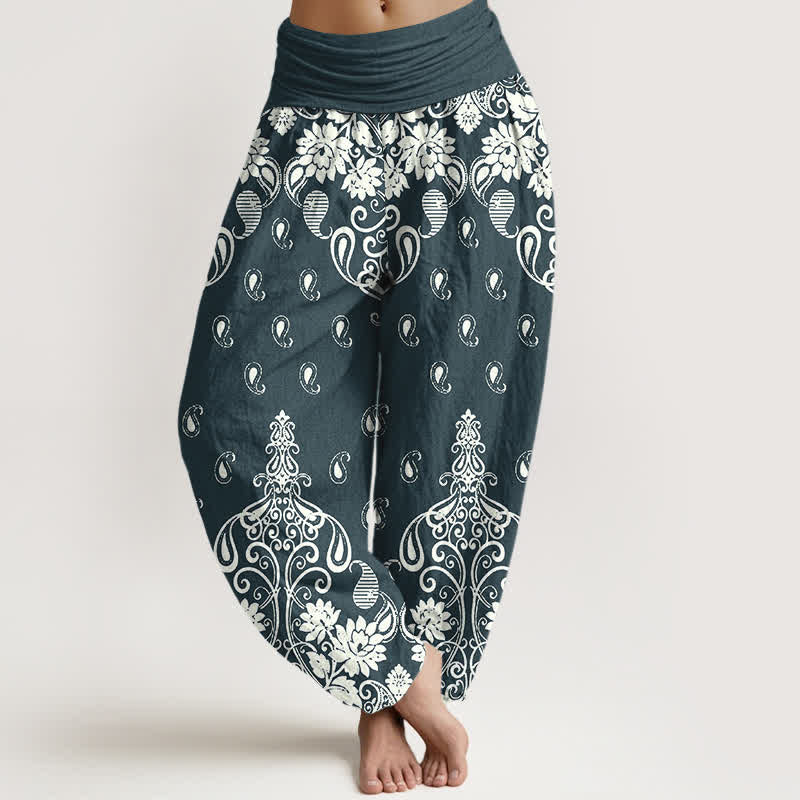 Buddha Stones Pure Cotton White Paisley Floral Pattern Women's Elastic Waist Harem Pants - DarkCyan - US16,UK/AU20,EU48 (3XL) - image 5