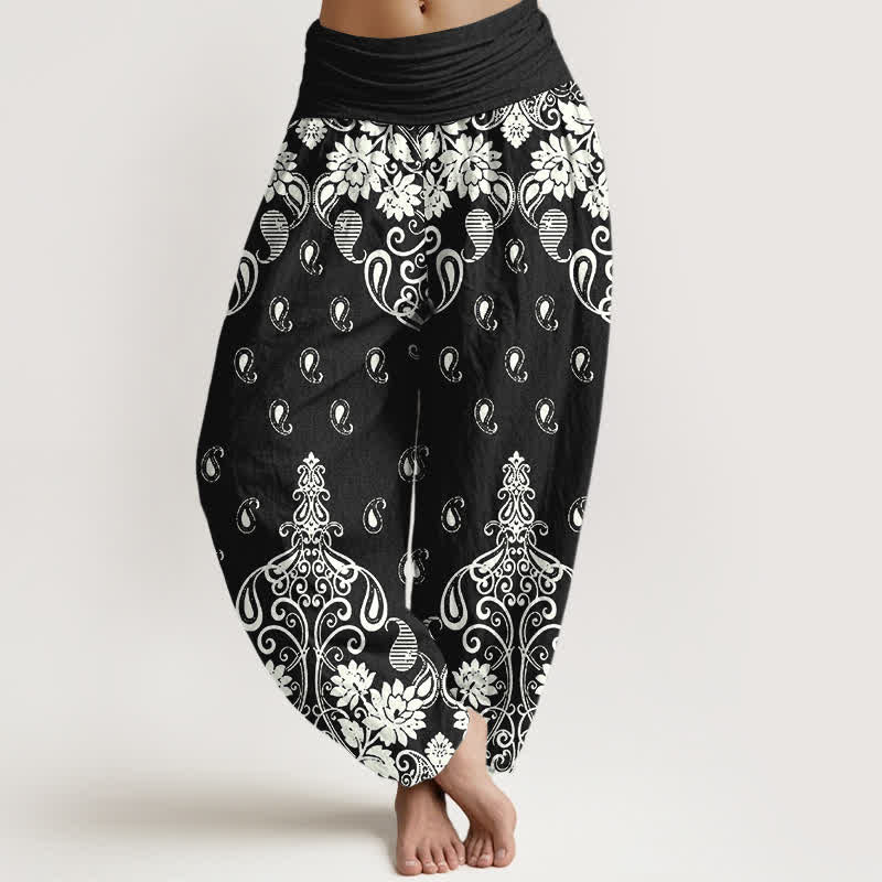 Buddha Stones Pure Cotton White Paisley Floral Pattern Women's Elastic Waist Harem Pants - Black - US16,UK/AU20,EU48 (3XL) - image 8