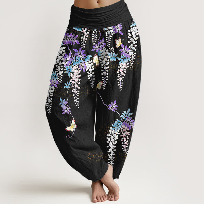 Buddha Stones Pure Cotton Wisteria Butterfly Pattern Women's Elastic Waist Harem Pants - Black - US16,UK/AU20,EU48 (3XL) - image 0