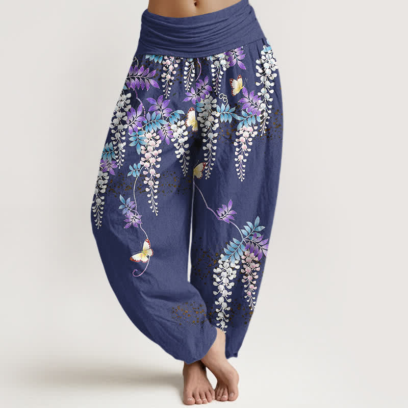 Buddha Stones Pure Cotton Wisteria Butterfly Pattern Women's Elastic Waist Harem Pants - SlateBlue - US16,UK/AU20,EU48 (3XL) - image 5