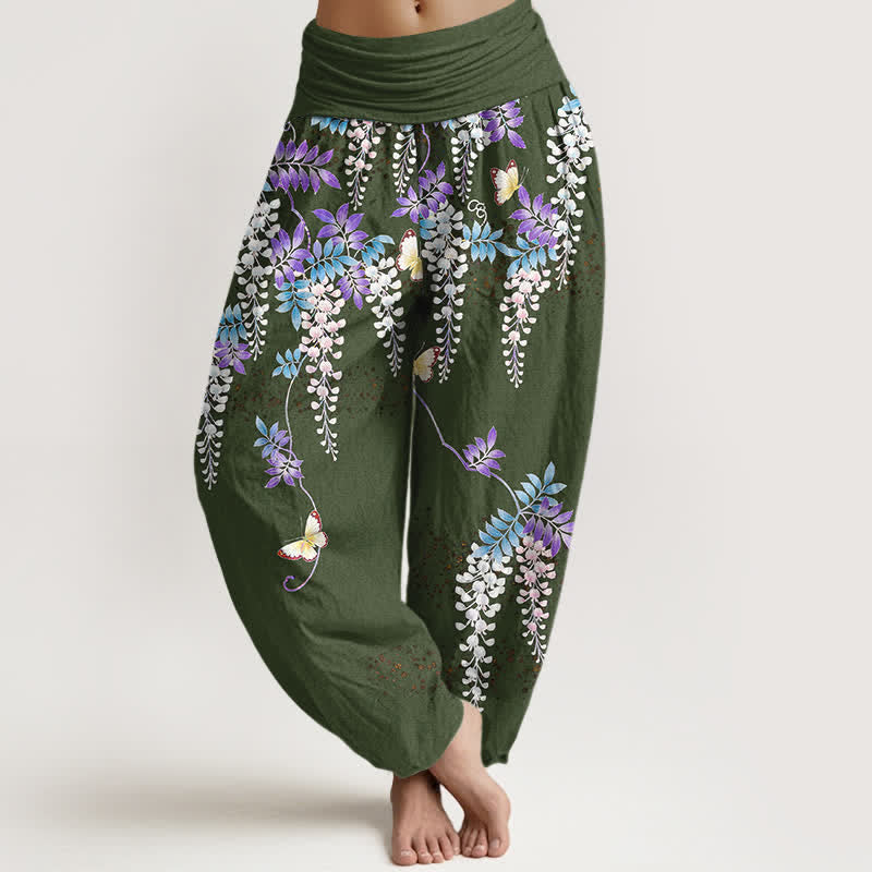 Buddha Stones Pure Cotton Wisteria Butterfly Pattern Women's Elastic Waist Harem Pants - DarkOliveGreen - US16,UK/AU20,EU48 (3XL) - image 8