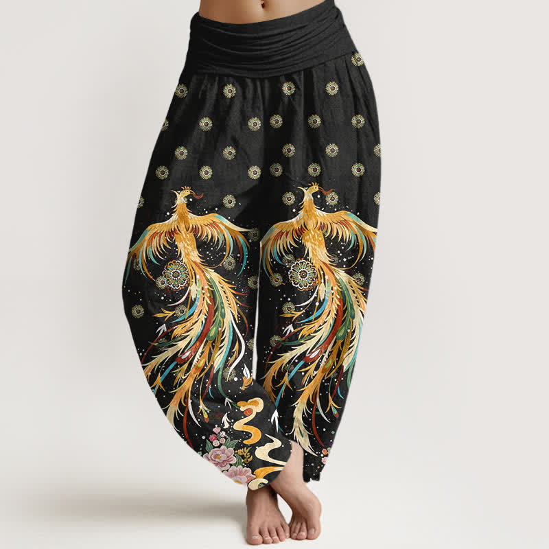 Buddha Stones Cotton Gold Phoenix Pattern Women's Elastic Waist Harem Pants - Black - US16,UK/AU20,EU48 (3XL) - image 0