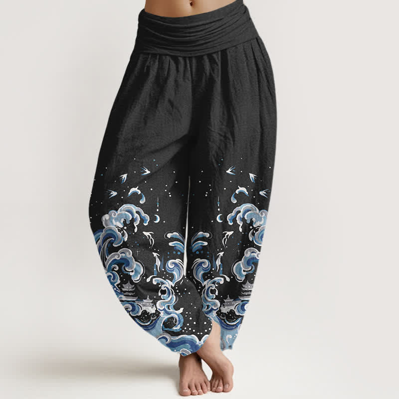 Buddha Stones Cotton Ocean Blue Wave Pattern Women's Elastic Waist Harem Pants - Black - US16,UK/AU20,EU48 (3XL) - image 0