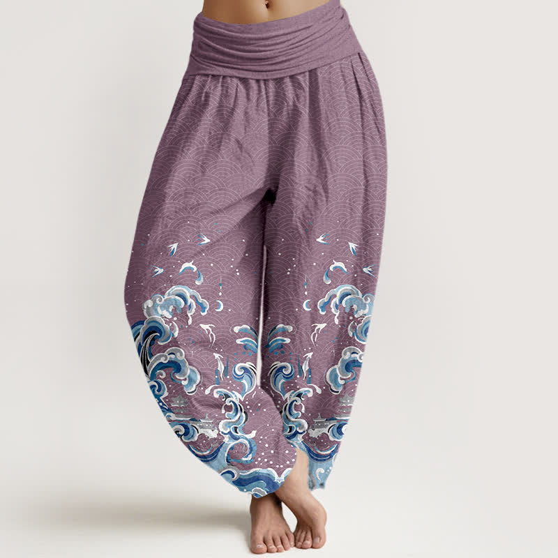 Buddha Stones Cotton Ocean Blue Wave Pattern Women's Elastic Waist Harem Pants - Plum - US16,UK/AU20,EU48 (3XL) - image 5