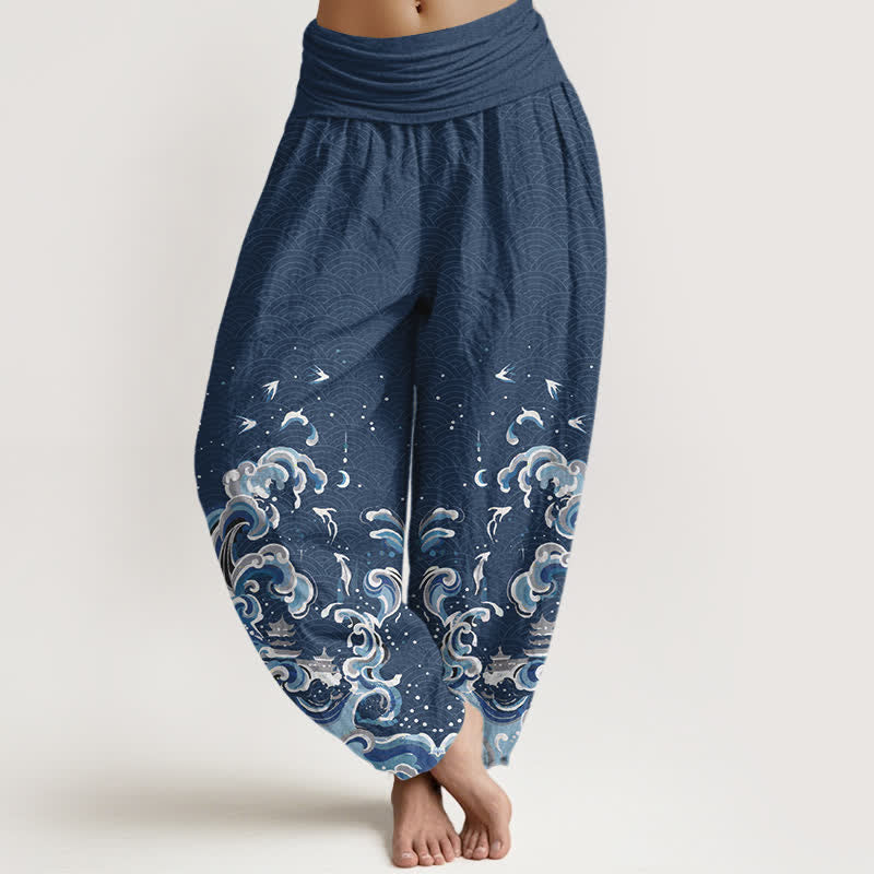 Buddha Stones Cotton Ocean Blue Wave Pattern Women's Elastic Waist Harem Pants - SteelBlue - US16,UK/AU20,EU48 (3XL) - image 8