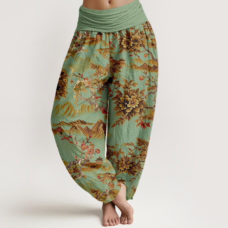 Buddha Stones Cotton Vintage DarkGoldenrod Floral Landscape Pattern Women's Elastic Waist Harem Pants - LightGreen - US16,UK/AU20,EU48 (3XL) - image 0