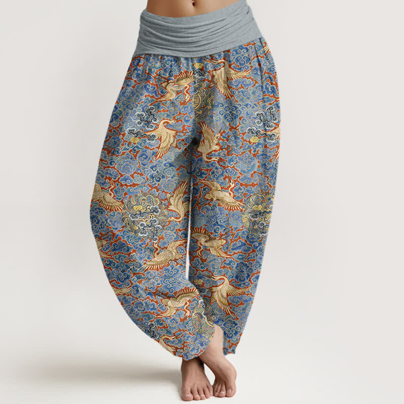 Buddha Stones Cotton Crane Auspicious Cloud Floral Pattern Women's Elastic Waist Harem Pants - SkyBlue - US16,UK/AU20,EU48 (3XL) - image 0