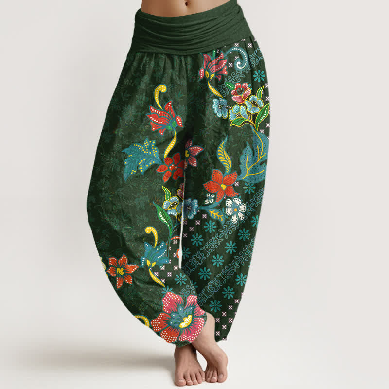 Buddha Stones Pure Cotton Bohemian Colorful Flower Pattern Women's Elastic Waist Harem Pants - ForestGreen - US16,UK/AU20,EU48 (3XL) - image 0