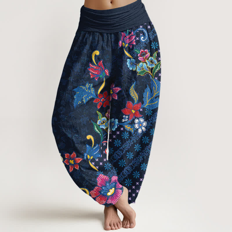Buddha Stones Pure Cotton Bohemian Colorful Flower Pattern Women's Elastic Waist Harem Pants - Navy - US16,UK/AU20,EU48 (3XL) - image 5