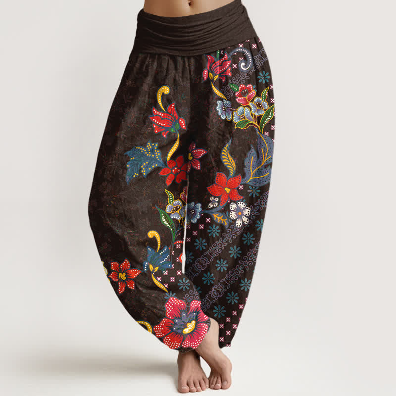 Buddha Stones Pure Cotton Bohemian Colorful Flower Pattern Women's Elastic Waist Harem Pants - SaddleBrown - US16,UK/AU20,EU48 (3XL) - image 8